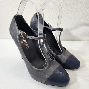 Chanel Women Mary Jane T Strap Platform Pumps Gray Blue Leather Cap Toe Heels 39
